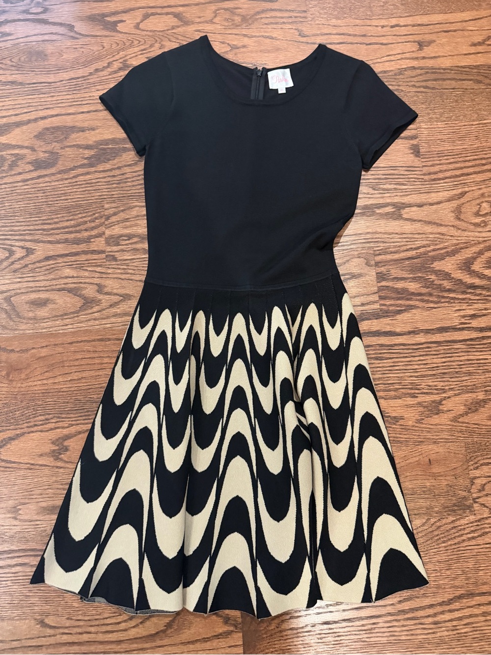 Parker Black and Cream Wave-Print Fit-and-Flare Dress
